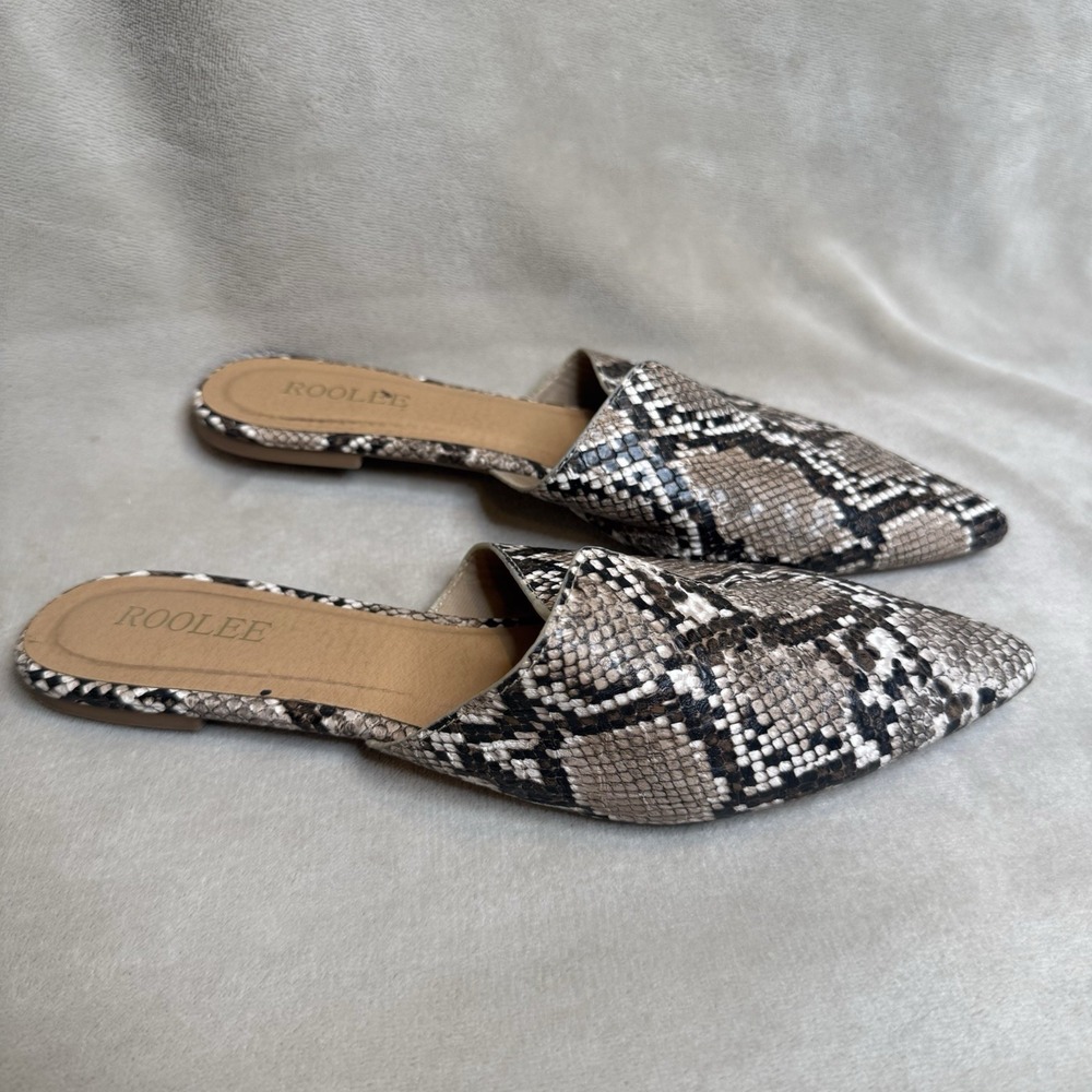 Roolee Faux Snakeskin Pointed Mules Women's Size 9 Backless Slip-On Flats